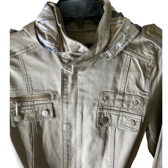 Chevognon Jacket Hoodie Womens Size Large Long Sleeves Pockets Snap Belted Khaki - Picture 5 of 9